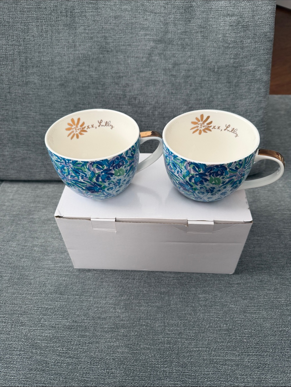 Lilly Pulitzer Blue and Green Floral Ceramic Mugs - Set of 2